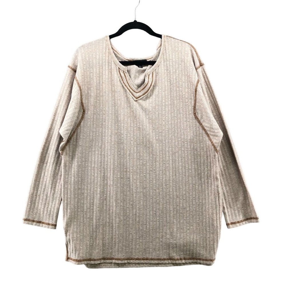 Gigio USA Oversized Tunic Boho Long Sleeve Top Beige Split Neck Ribbed Womens L